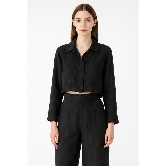 Yves Cossette Saks Fifth Ave Black Linen Button Up Top Small Quiet Luxury Fall - Picture 1 of 8